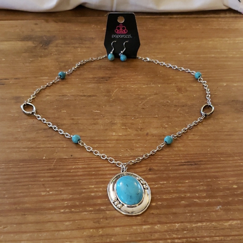 Paparazzi Silver and Turquoise Necklace With Earrings